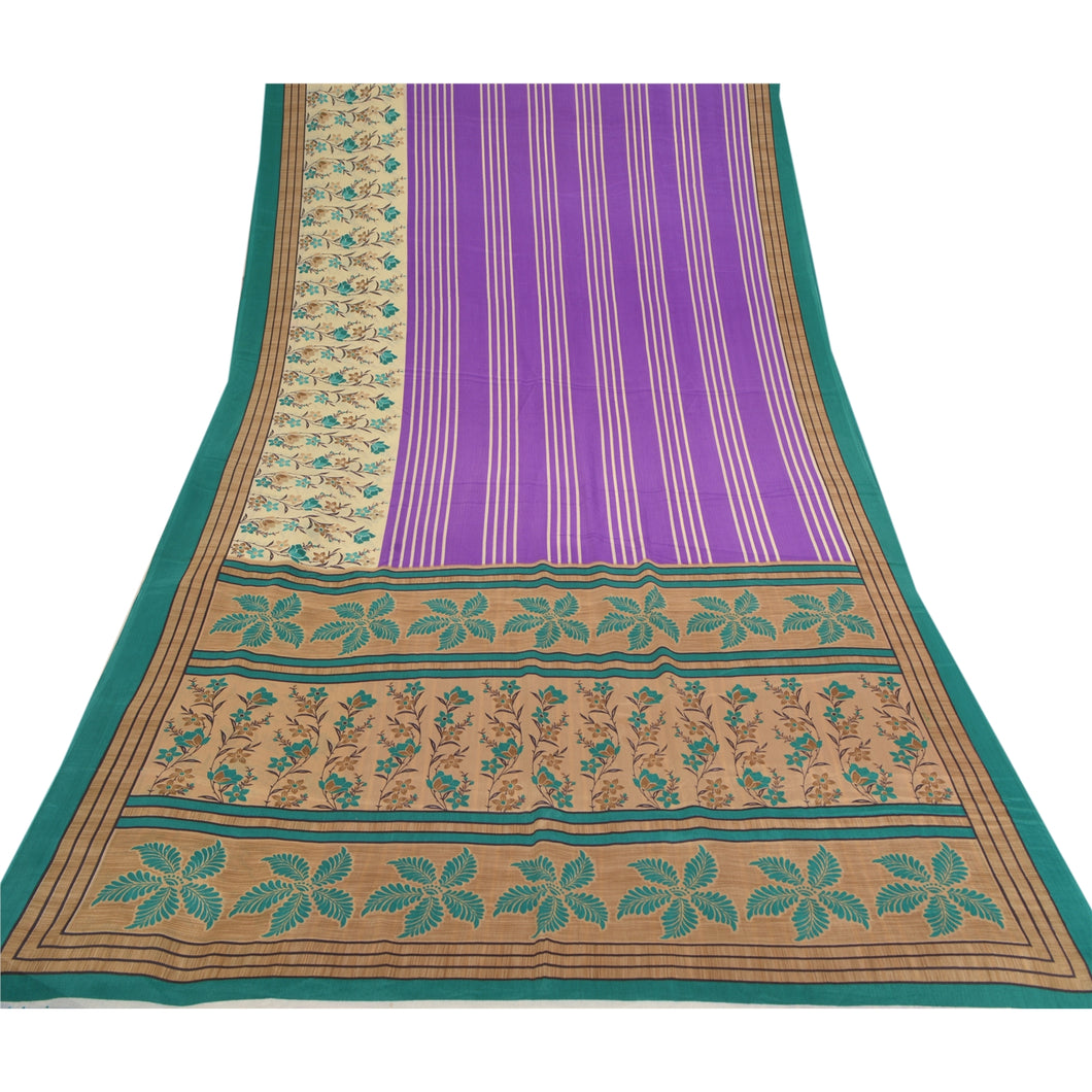 Sanskriti Vintage Purple Sarees Moss Crepe Floral Printed Craft Fabric Sari