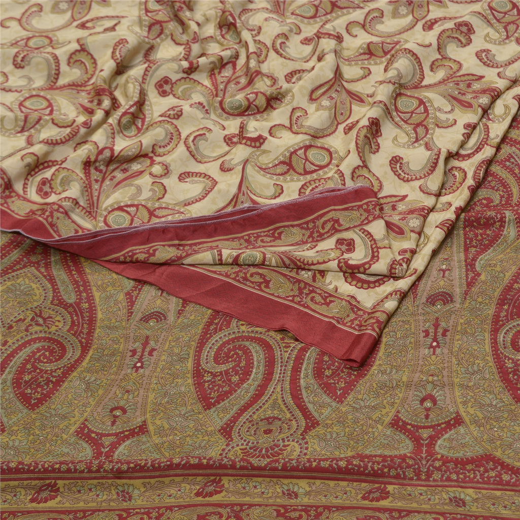 Sanskriti Vintage Sari Moss Crepe Cream & Red Saree Floral Printed Indian Craft Fabric Create- Upcycled Sarongs, Scarves, Stoles, Sewing