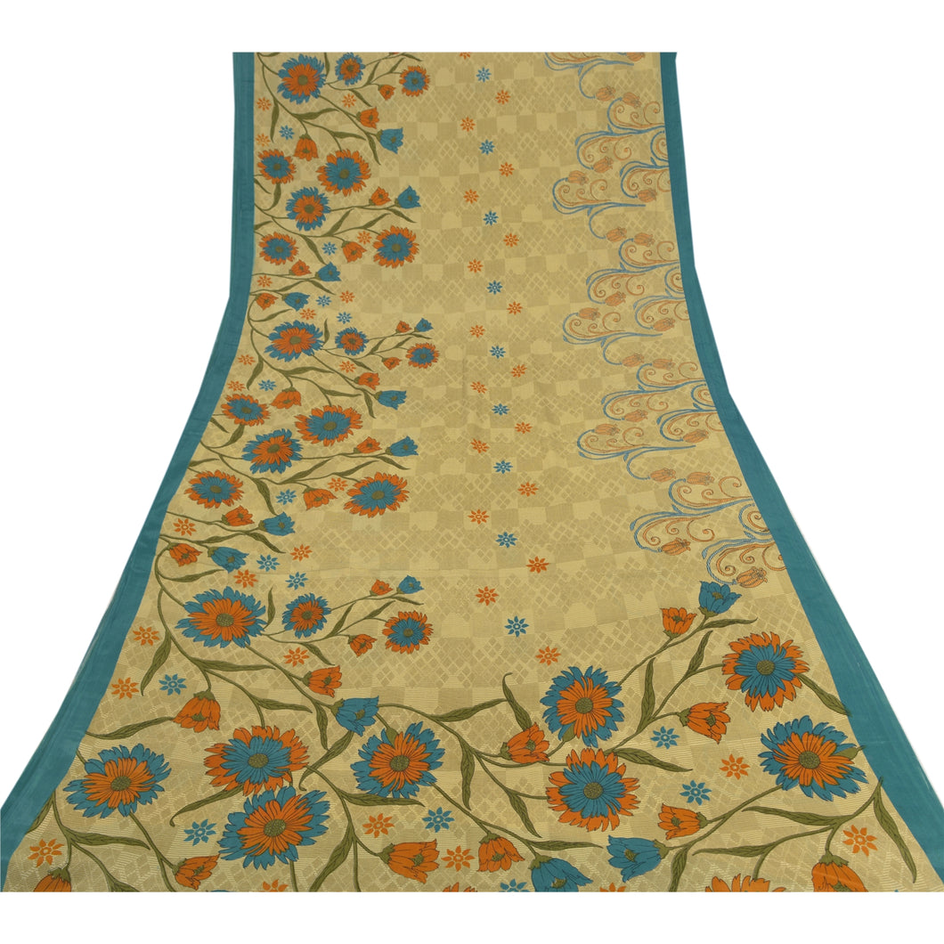 Sanskriti Vintage Cream Sarees Moss Crepe Floral Printed Craft Fabric Sari