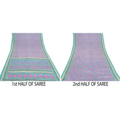 Sanskriti Vintage Blue Sarees Moss Crepe Floral Printed Craft Sustainable Fabric Sari