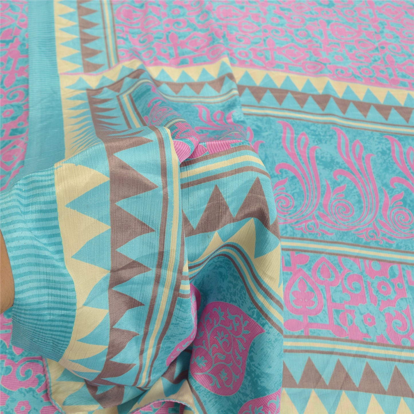 Sanskriti Vintage Blue Sarees Moss Crepe Floral Printed Craft Sustainable Fabric Sari