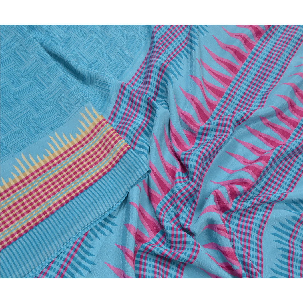 Sanskriti Vintage Blue Sarees Moss Crepe Geometric Printed Craft Fabric Sari