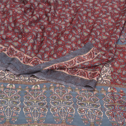 Sanskriti Vintage Dark Red Sarees Moss Crepe Floral Printed Craft Sustainable Fabric Sari
