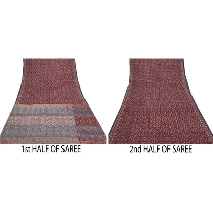 Sanskriti Vintage Dark Red Sarees Moss Crepe Floral Printed Craft Sustainable Fabric Sari