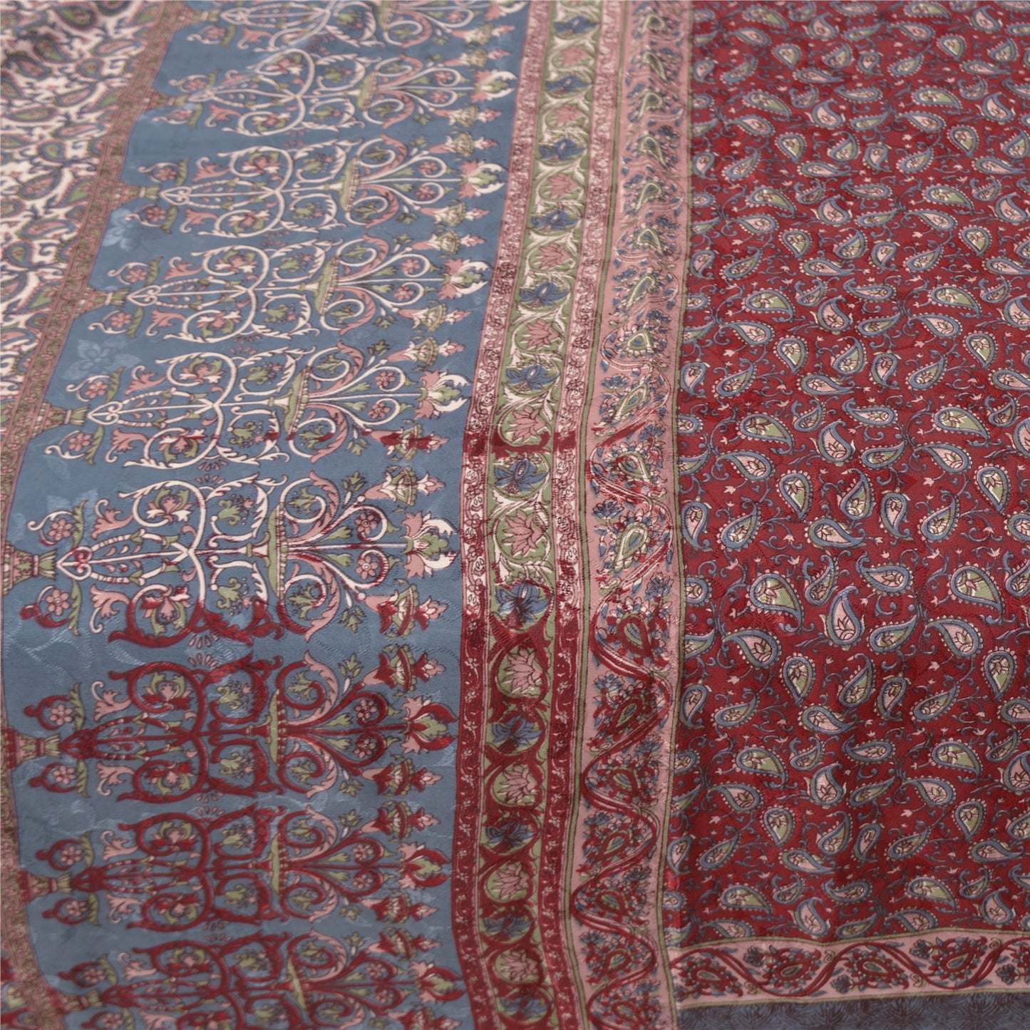 Sanskriti Vintage Dark Red Sarees Moss Crepe Floral Printed Craft Sustainable Fabric Sari