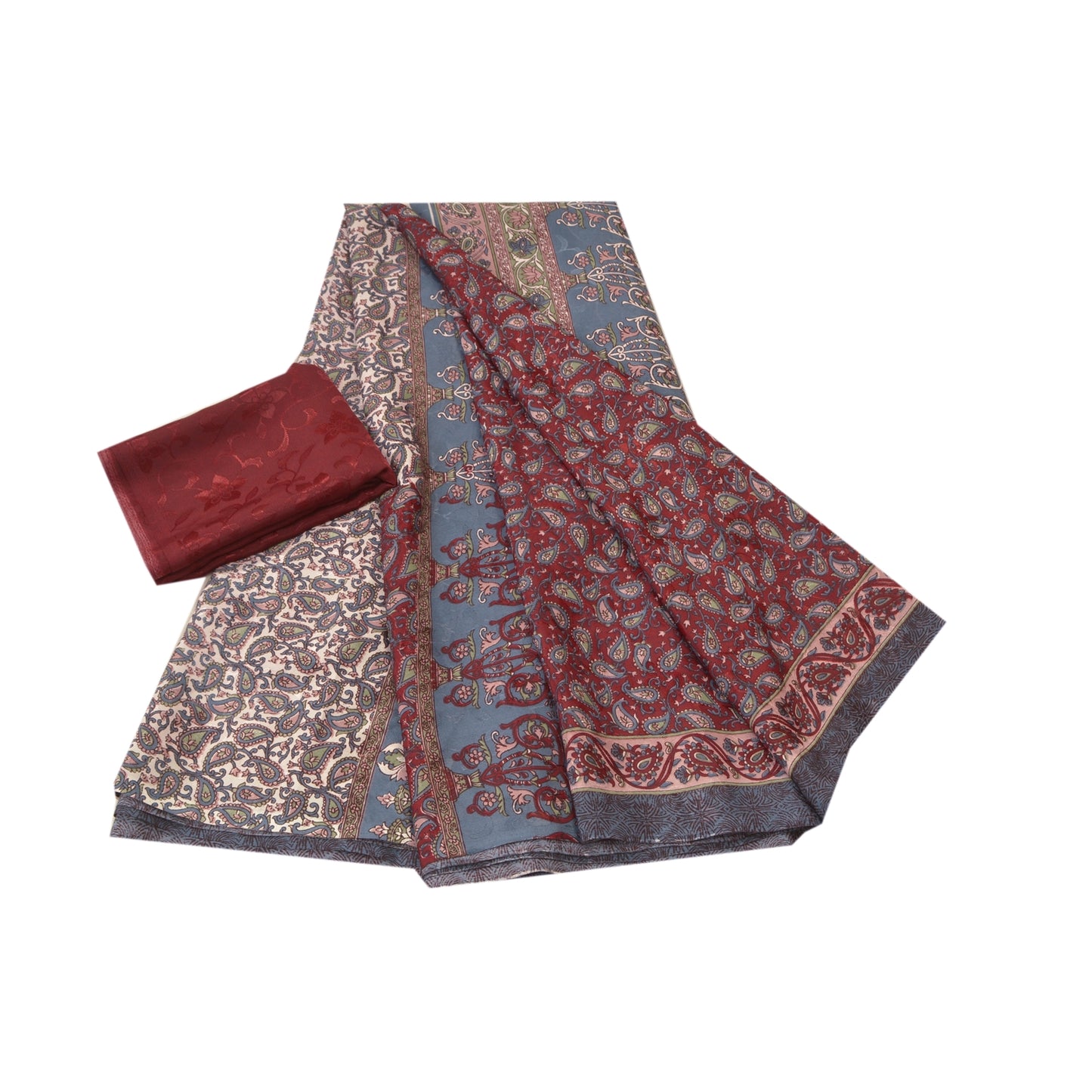 Sanskriti Vintage Dark Red Sarees Moss Crepe Floral Printed Craft Sustainable Fabric Sari