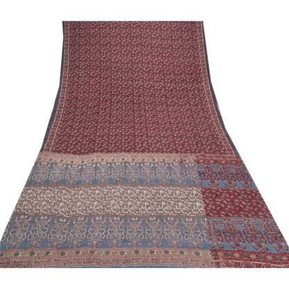 Sanskriti Vintage Dark Red Sarees Moss Crepe Floral Printed Craft Sustainable Fabric Sari