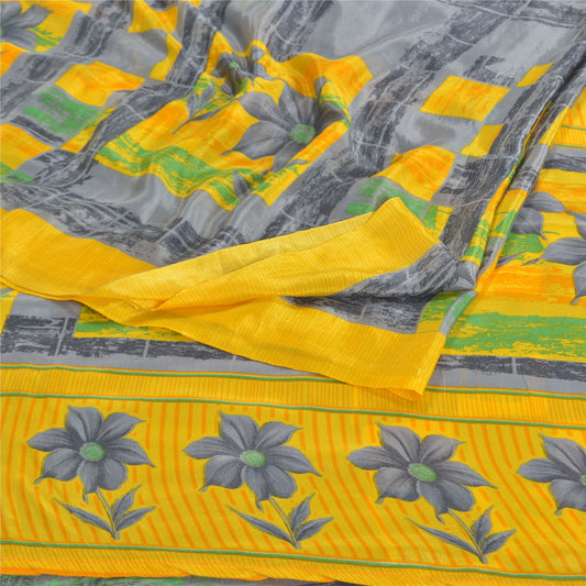 Sanskriti Vintage Gray Sarees Moss Crepe Printed Sari Decor 5yd Craft Sustainable Fabric
