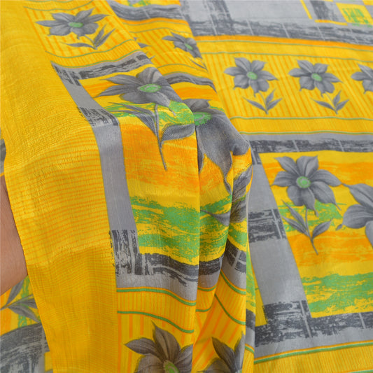 Sanskriti Vintage Gray Sarees Moss Crepe Printed Sari Decor 5yd Craft Sustainable Fabric