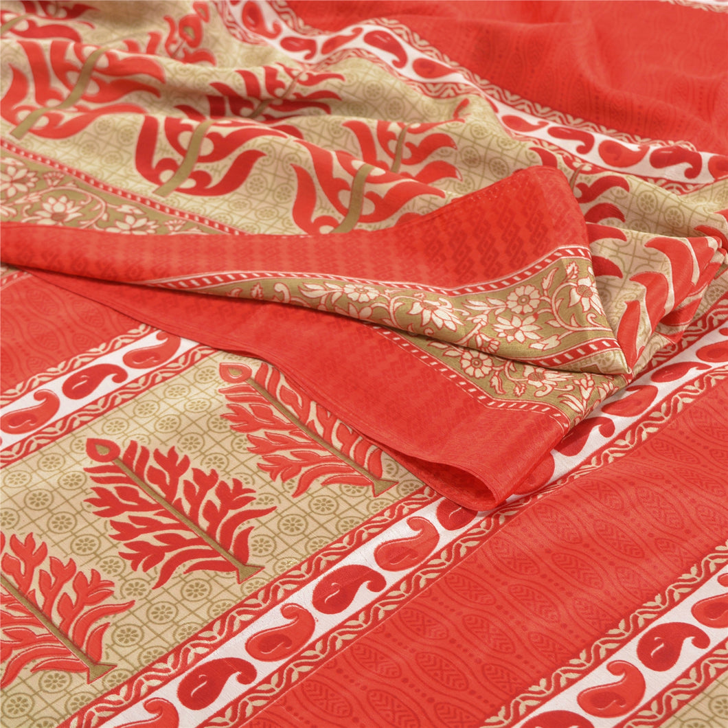 Sanskriti Vintage Red Sarees Moss Crepe Floral Printed Craft Fabric Sari