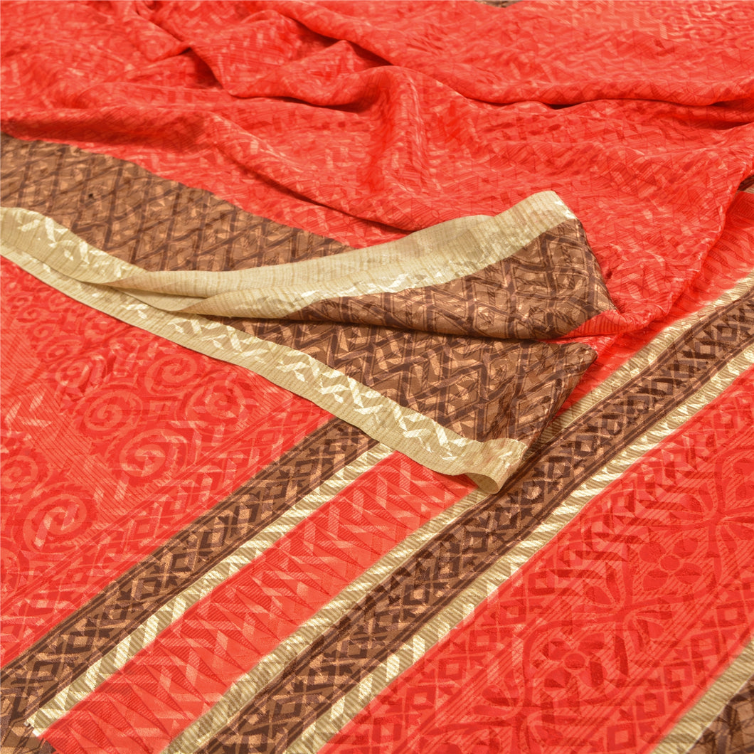 Sanskriti Vintage Red Sarees Moss Crepe Printed Craft Fabric Sari