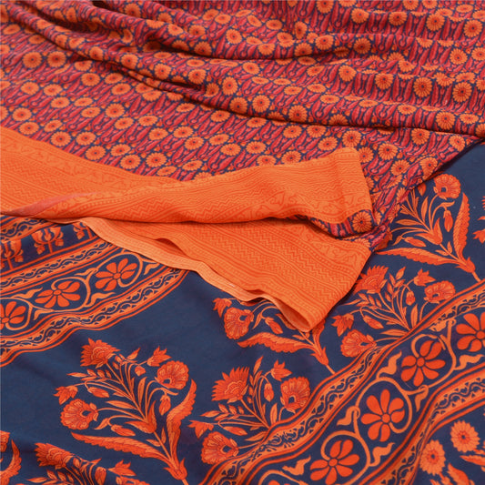 Sanskriti Vintage Orange Sarees Moss Crepe Floral Printed Craft Sustainable Fabric Sari