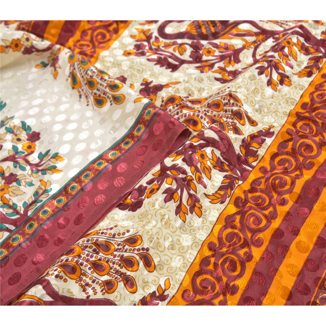 Sanskriti Vintage Cream Sarees Moss Crepe Floral Printed Craft Fabric Sari