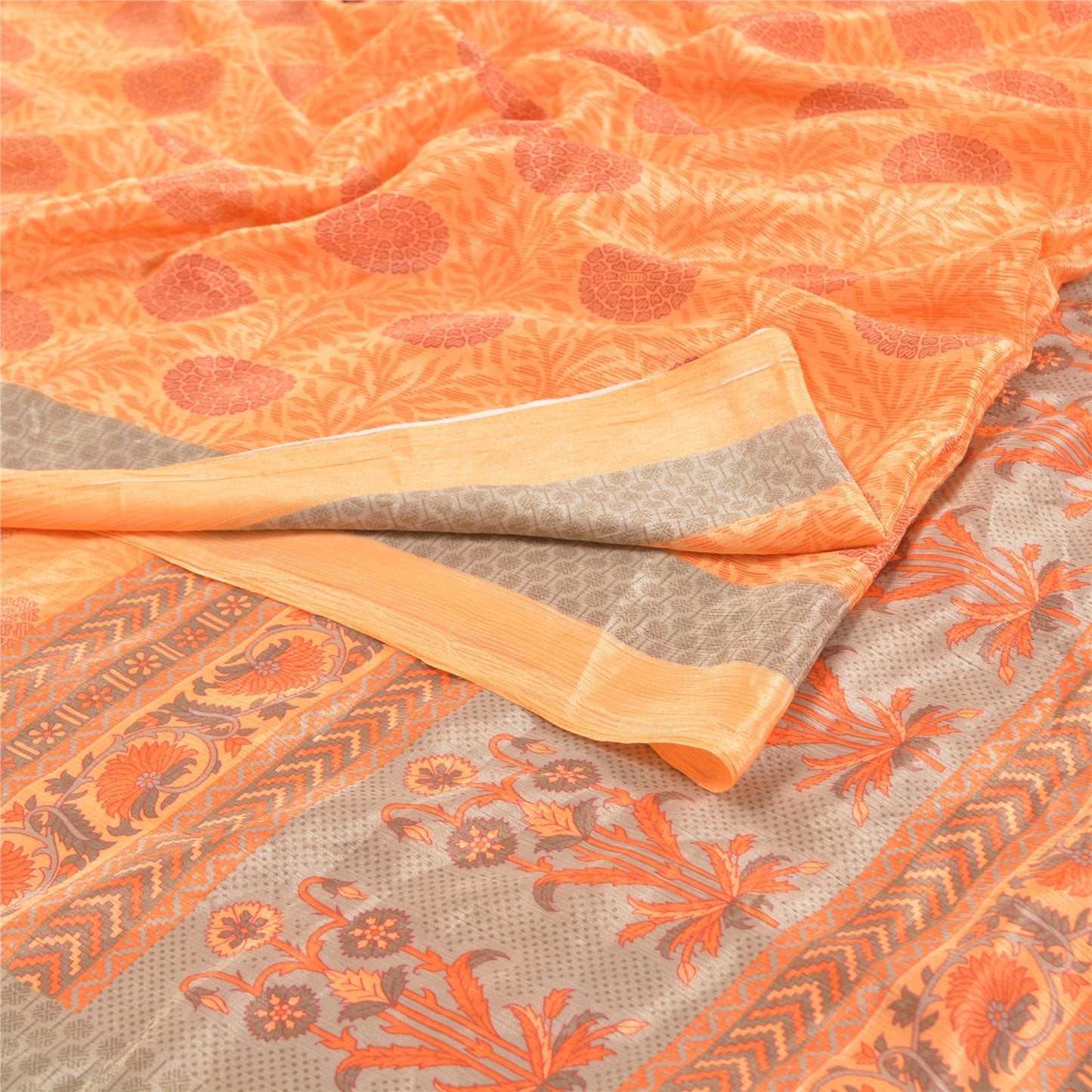 Sanskriti Vintage Orange Sarees Moss Crepe Floral Printed Craft Sustainable Fabric Sari