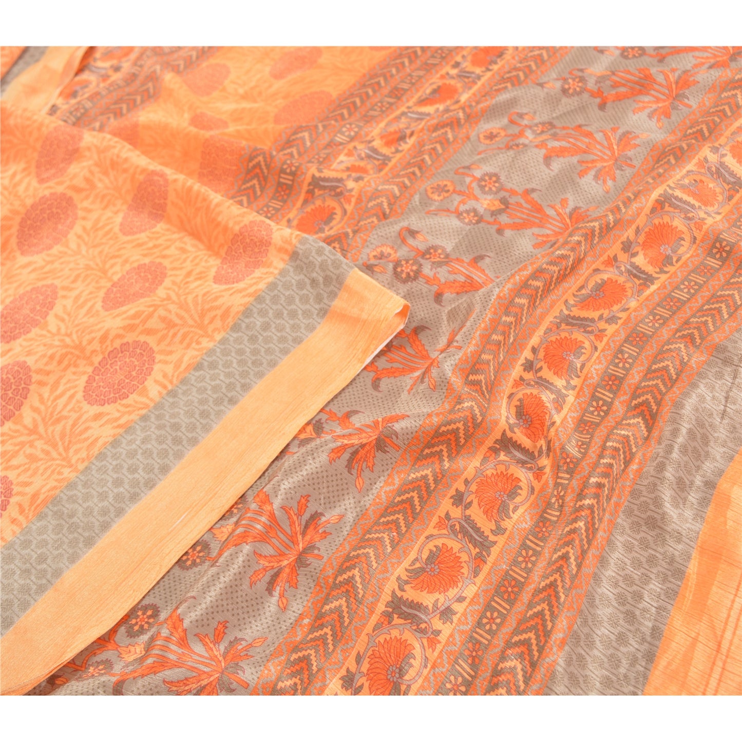 Sanskriti Vintage Orange Sarees Moss Crepe Floral Printed Craft Sustainable Fabric Sari