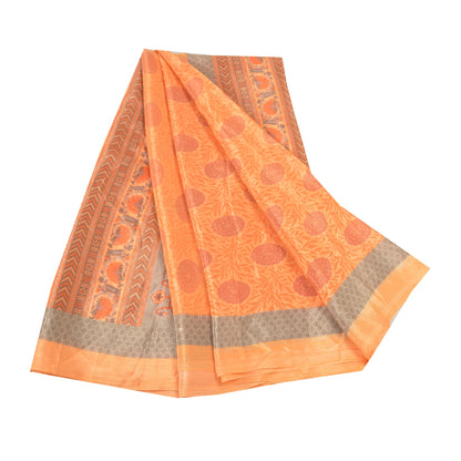 Sanskriti Vintage Orange Sarees Moss Crepe Floral Printed Craft Sustainable Fabric Sari