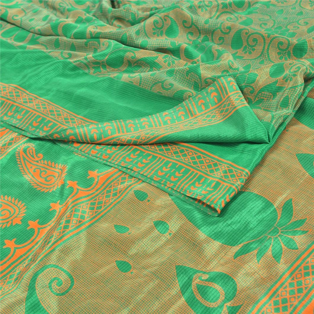 Sanskriti Vintage Green Sarees Moss Crepe Floral Printed Craft Fabric Sari