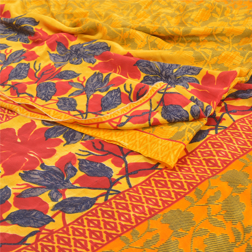 Sanskriti Vintage Yellow Sarees Moss Crepe Floral Printed Craft Sustainable Fabric Sari