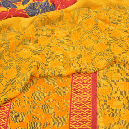 Sanskriti Vintage Yellow Sarees Moss Crepe Floral Printed Craft Sustainable Fabric Sari