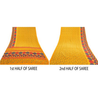 Sanskriti Vintage Yellow Sarees Moss Crepe Floral Printed Craft Sustainable Fabric Sari