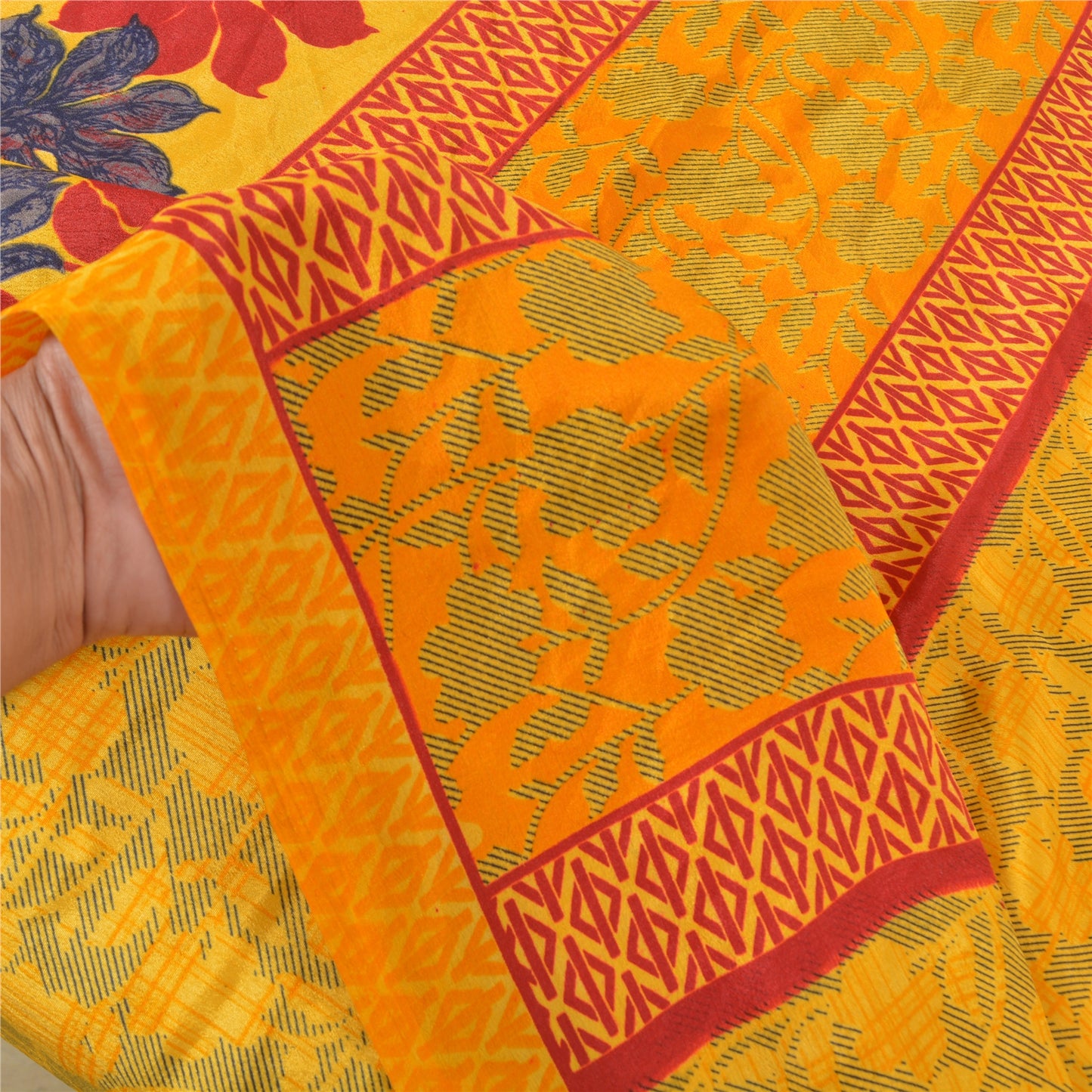 Sanskriti Vintage Yellow Sarees Moss Crepe Floral Printed Craft Sustainable Fabric Sari