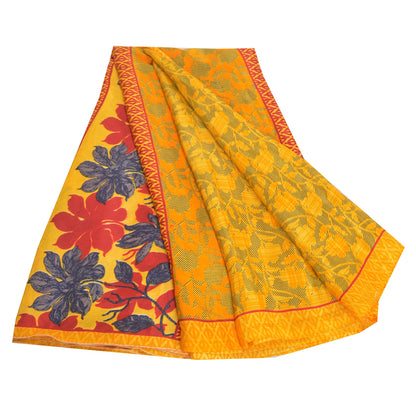 Sanskriti Vintage Yellow Sarees Moss Crepe Floral Printed Craft Sustainable Fabric Sari