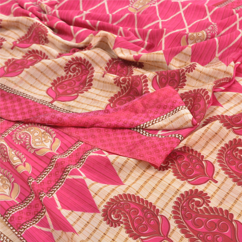Sanskriti Vintage Saree Pink Moss Crepe 5 Yard Saree Paisley Printed Fabric Sari For Sewing Projects Crafting, Upcycling, or Even Wearing