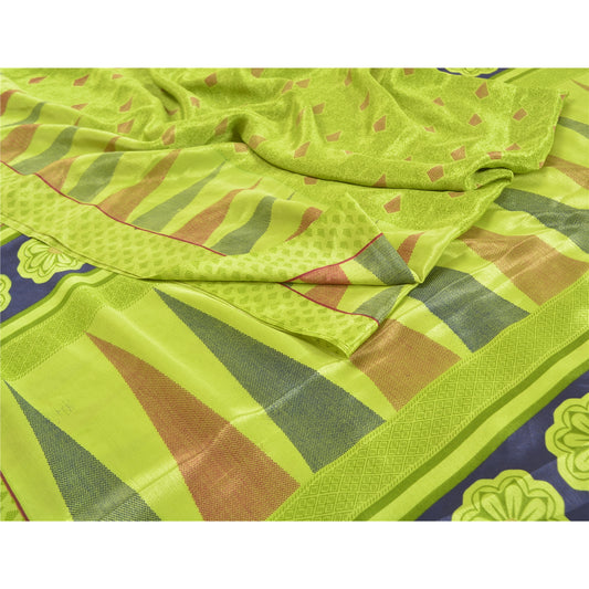 Sanskriti Vintage Green Sarees Moss Crepe Printed Sari Decor 5YD Craft Sustainable Fabric