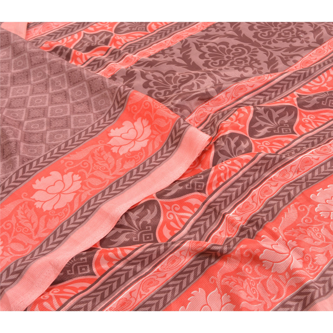 Sanskriti Vintage Brown Sarees Indian Moss Crepe Printed Sari Soft Craft Fabric