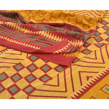 Sanskriti Vintage Mustard Sarees Indian Moss Crepe Printed Sari 5yd Craft Sustainable Fabric