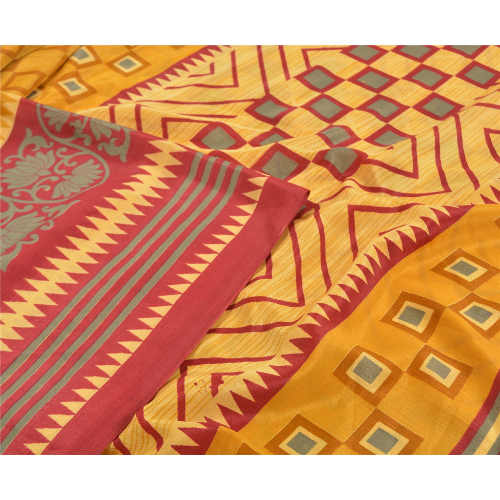 Sanskriti Vintage Mustard Sarees Indian Moss Crepe Printed Sari 5yd Craft Sustainable Fabric
