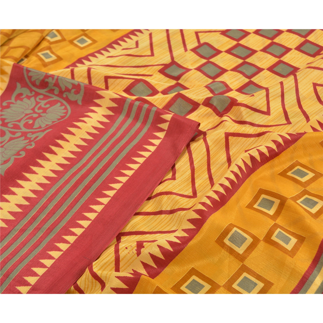Sanskriti Vintage Mustard Sarees Indian Moss Crepe Printed Sari 5yd Craft Fabric