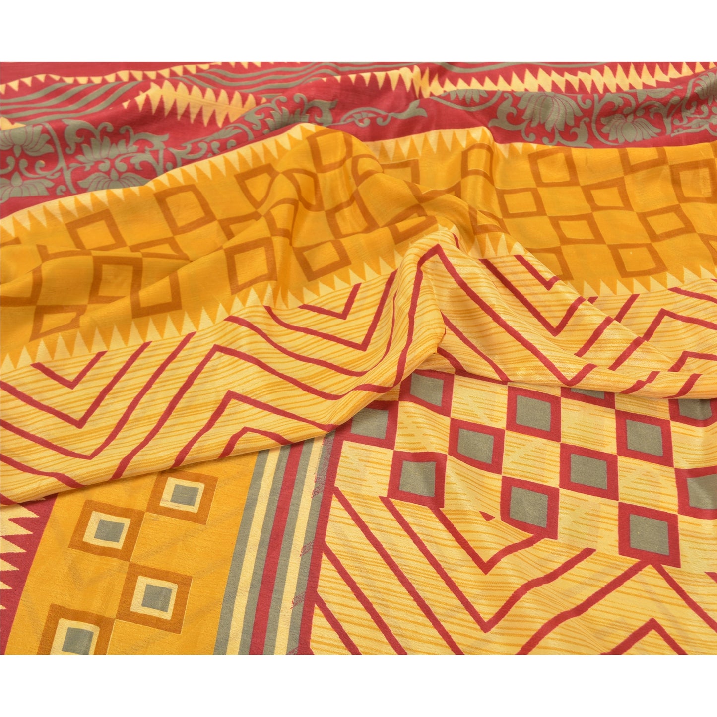 Sanskriti Vintage Mustard Sarees Indian Moss Crepe Printed Sari 5yd Craft Sustainable Fabric