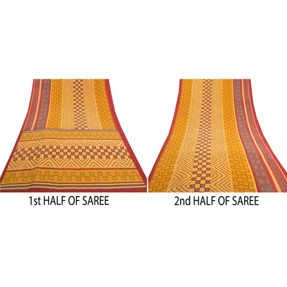 Sanskriti Vintage Mustard Sarees Indian Moss Crepe Printed Sari 5yd Craft Sustainable Fabric