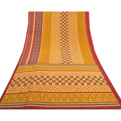 Sanskriti Vintage Mustard Sarees Indian Moss Crepe Printed Sari 5yd Craft Sustainable Fabric