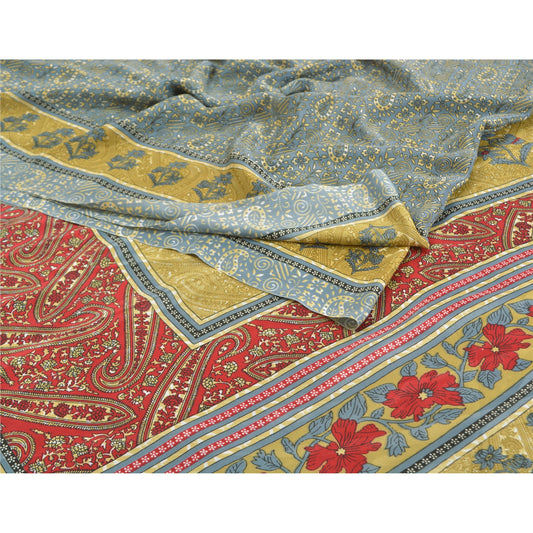 Sanskriti Vintage Grayish Blue Sarees Indian Moss Crepe Print Sari Craft Sustainable Fabric