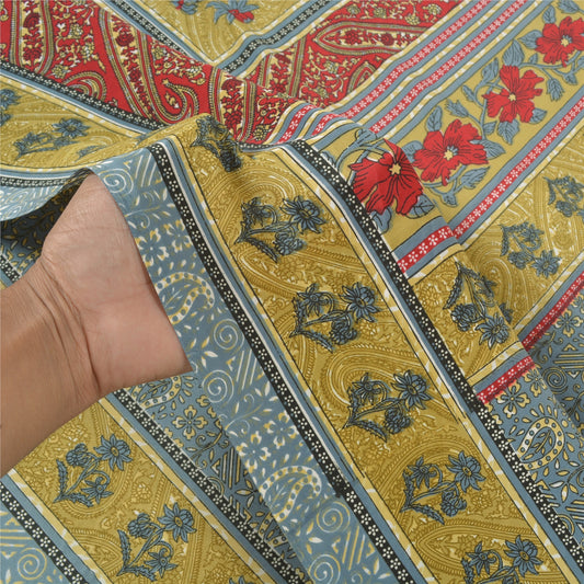 Sanskriti Vintage Grayish Blue Sarees Indian Moss Crepe Print Sari Craft Sustainable Fabric