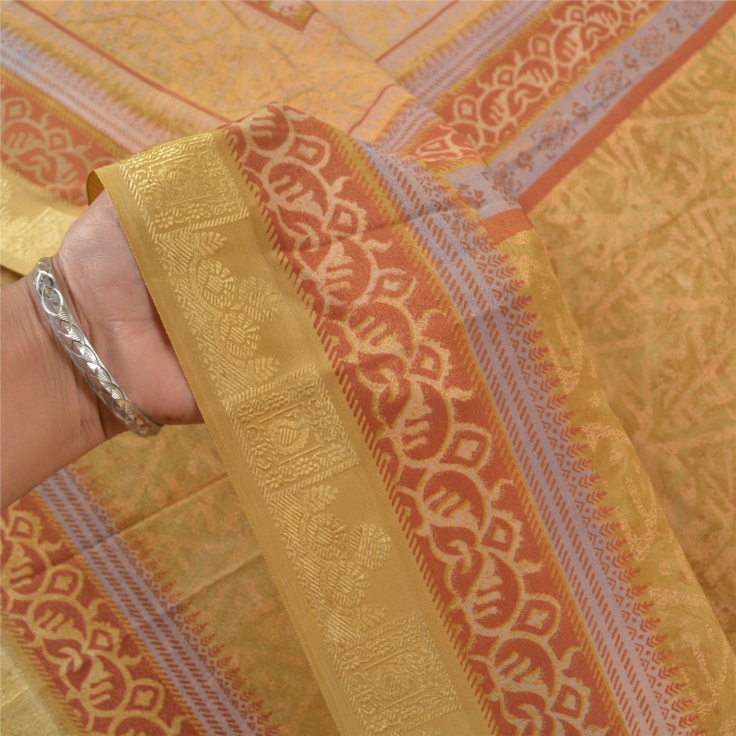 Sanskriti Vintage Green Indian Sarees Moss Crepe Printed Sari Soft Craft Sustainable Fabric