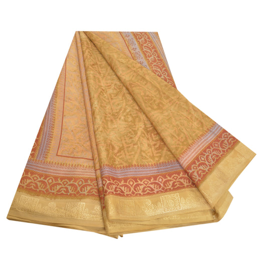 Sanskriti Vintage Green Indian Sarees Moss Crepe Printed Sari Soft Craft Sustainable Fabric