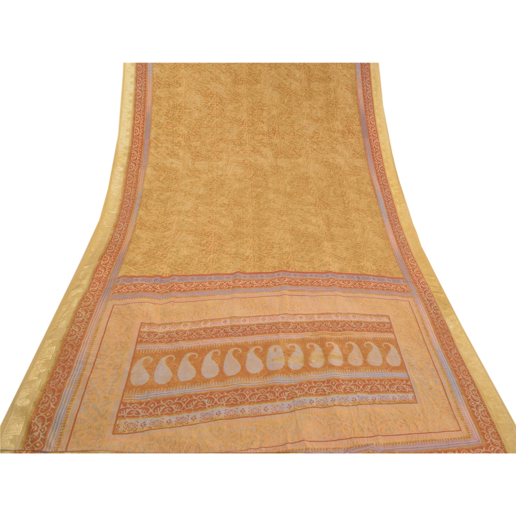 Sanskriti Vintage Green Indian Sarees Moss Crepe Printed Sari Soft Craft Fabric
