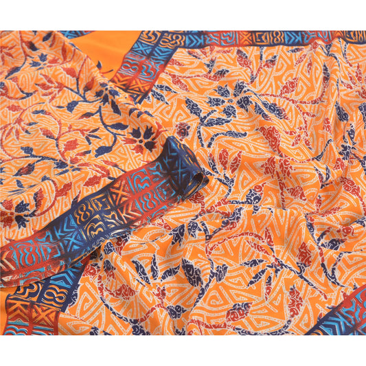 Sanskriti Vintage Orange Sarees Moss Crepe Printed Sari 5yd Soft Craft Sustainable Fabric
