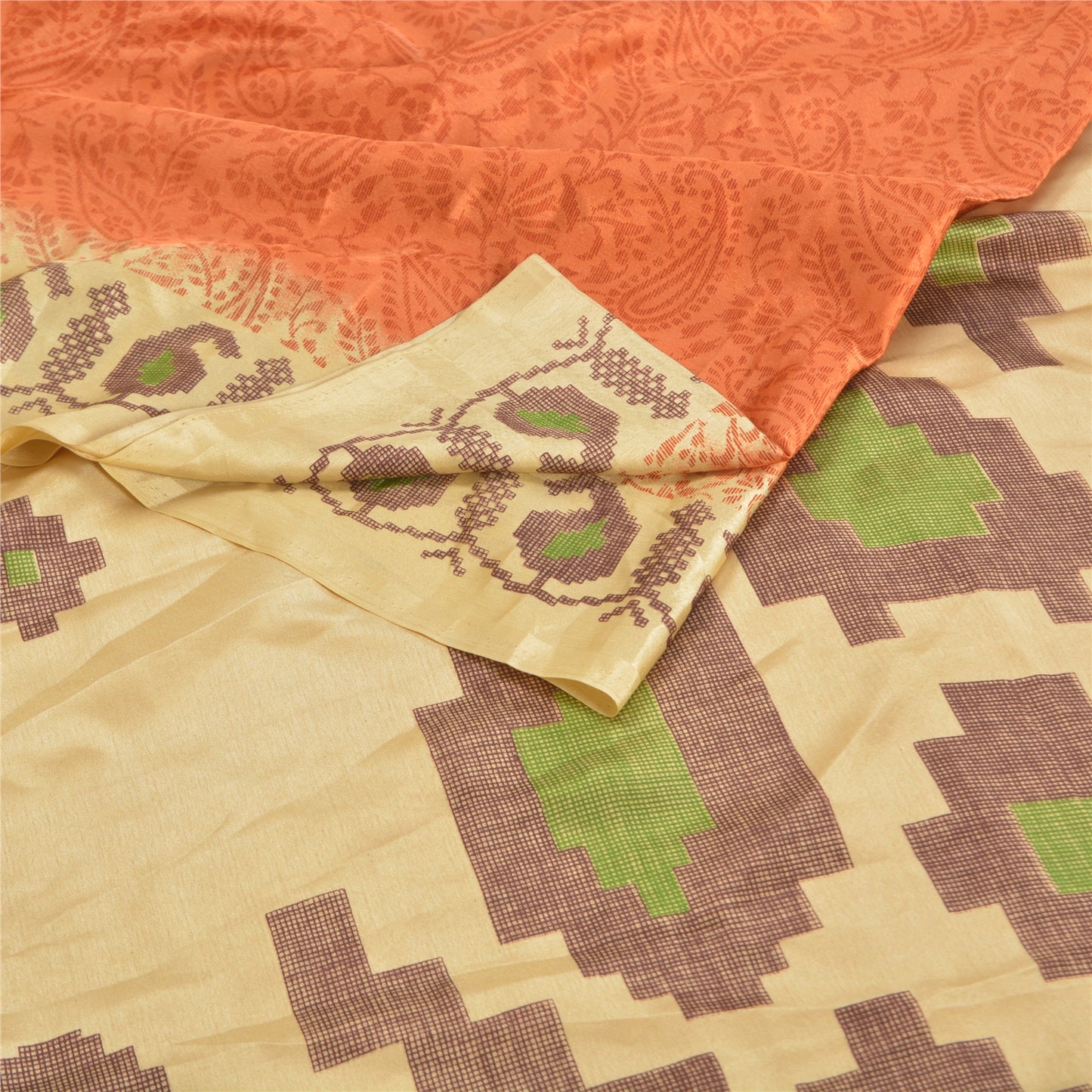 Sanskriti Vintage Kasuti Printed Orange Sarees Moss Crepe Sari Soft Craft Sustainable Fabric