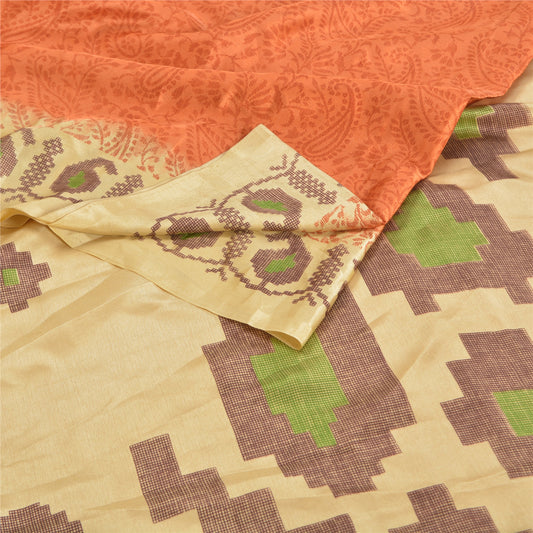 Sanskriti Vintage Kasuti Printed Orange Sarees Moss Crepe Sari Soft Craft Sustainable Fabric