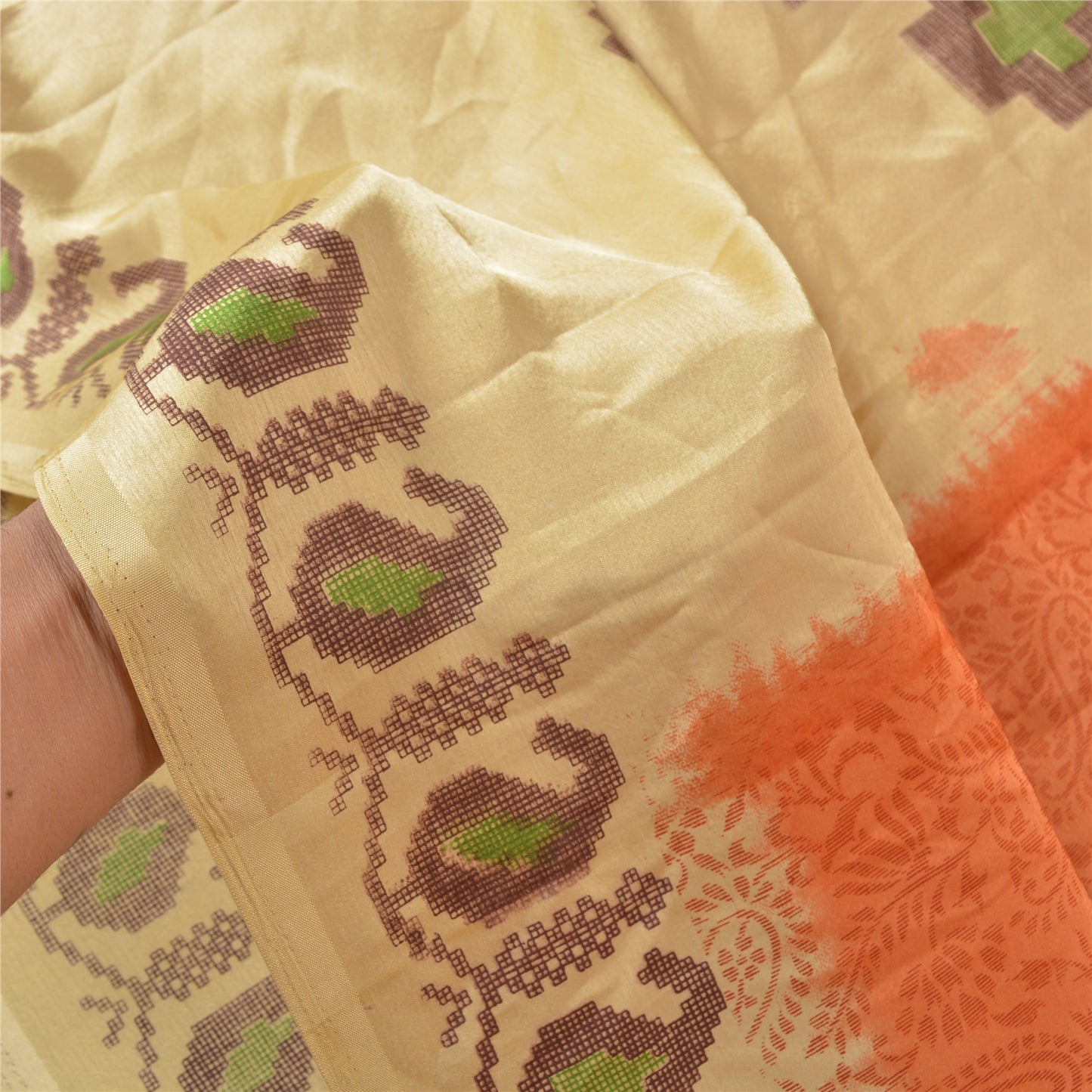 Sanskriti Vintage Kasuti Printed Orange Sarees Moss Crepe Sari Soft Craft Sustainable Fabric