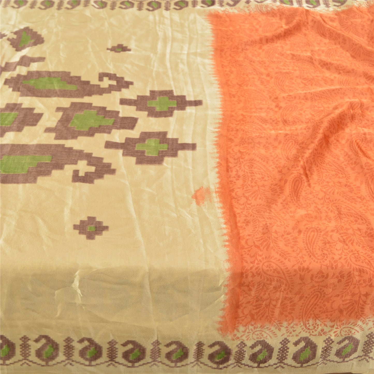 Sanskriti Vintage Kasuti Printed Orange Sarees Moss Crepe Sari Soft Craft Sustainable Fabric