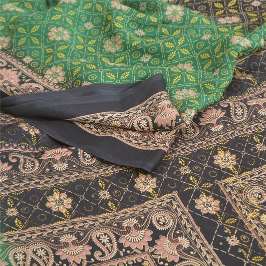 Sanskriti Vintage Green Indian Sarees Moss Crepe Printed Sari Soft Craft Sustainable Fabric