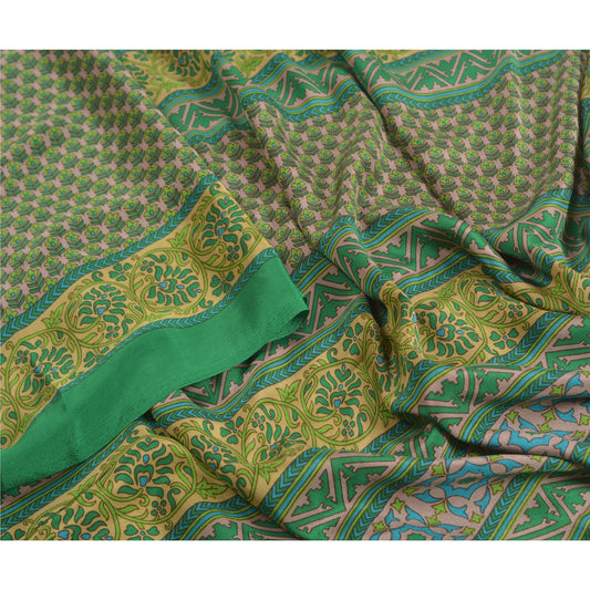 Sanskriti Vintage Green Sarees Moss Crepe Printed Sari Floral 5yd Craft Sustainable Fabric