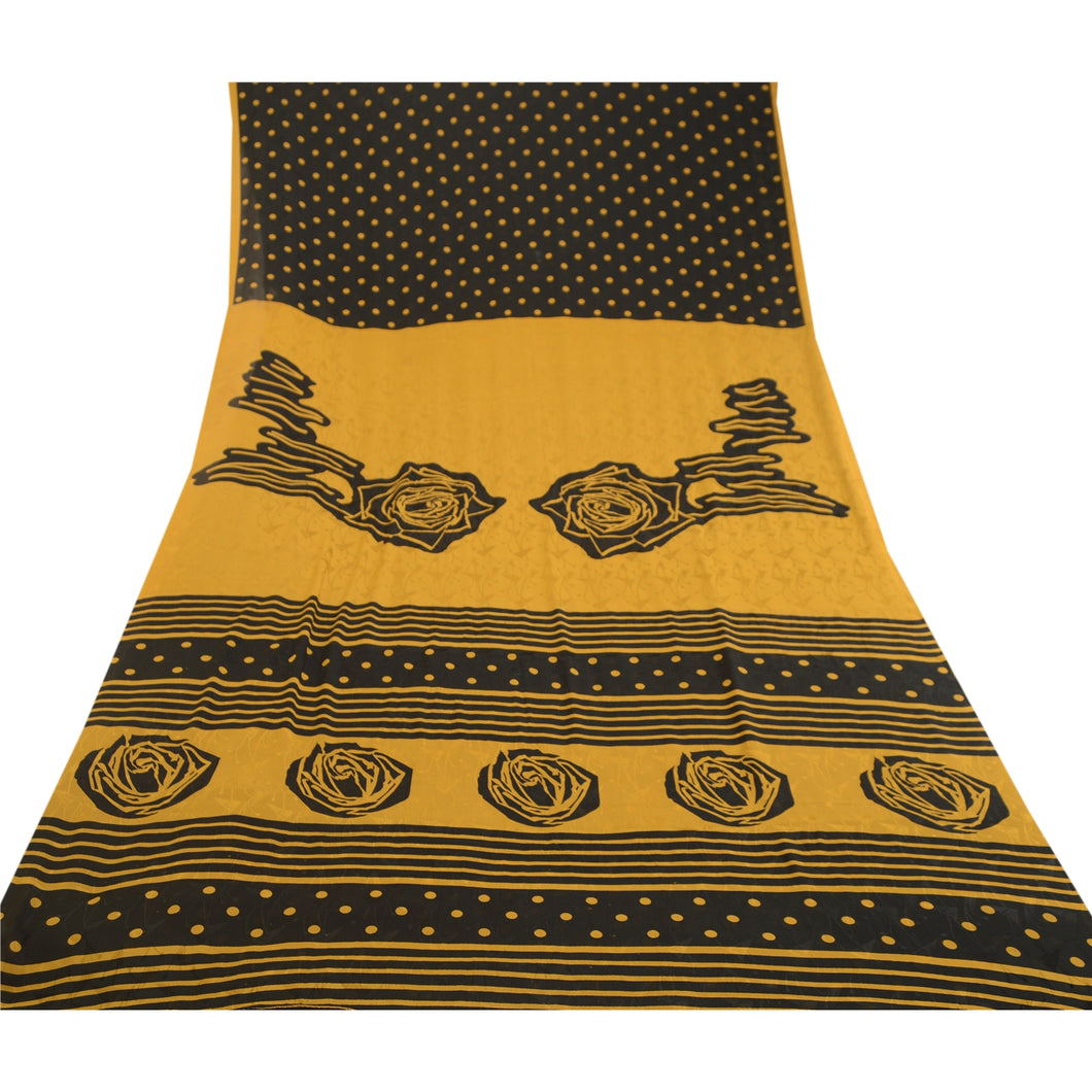 Sanskriti Vintage Black Sarees Moss Crepe Printed Sari Soft Floral Craft Fabric