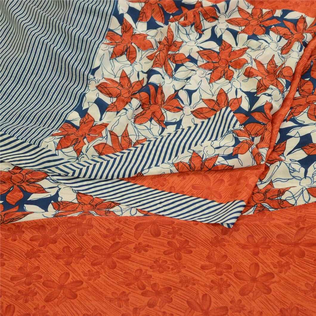 Sanskriti Vintage Blue Sarees Moss Crepe Printed Sari Soft Floral Craft Fabric