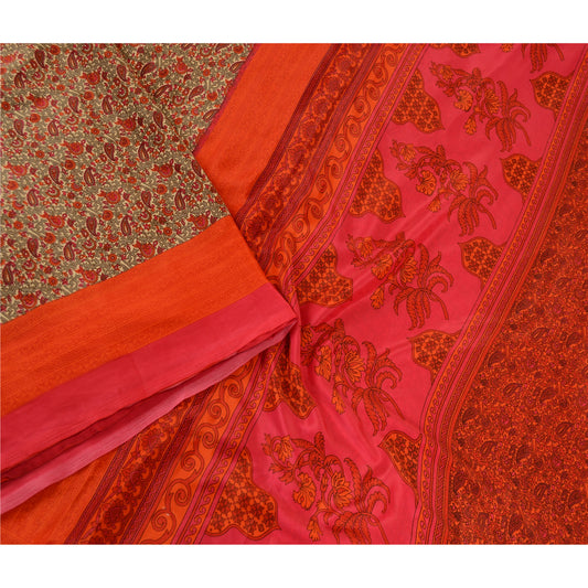 Sanskriti Vintage Red/Green Sarees Moss Crepe Floral Printed Craft Sustainable Fabric Sari